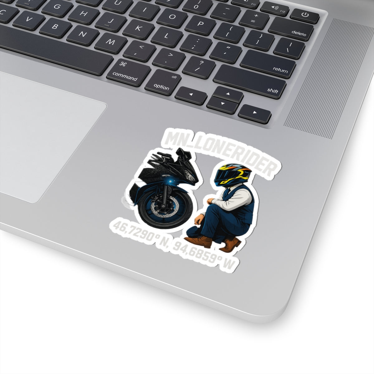 MN Lone Rider Motorcycle Sticker — Biker Helmet & Sportbike Kiss-Cut Decal (Coordinates)