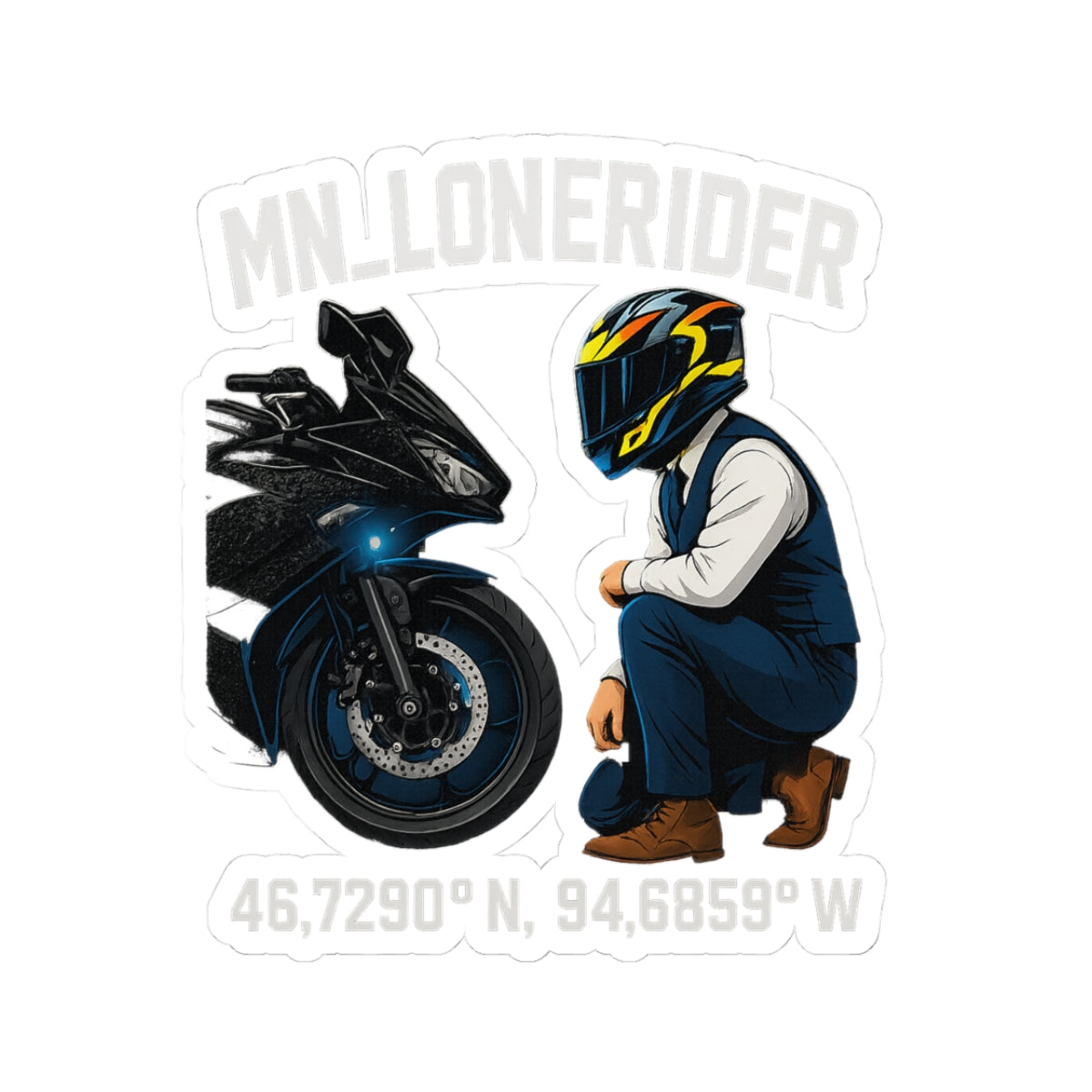 MN Lone Rider Motorcycle Sticker — Biker Helmet & Sportbike Kiss-Cut Decal (Coordinates)