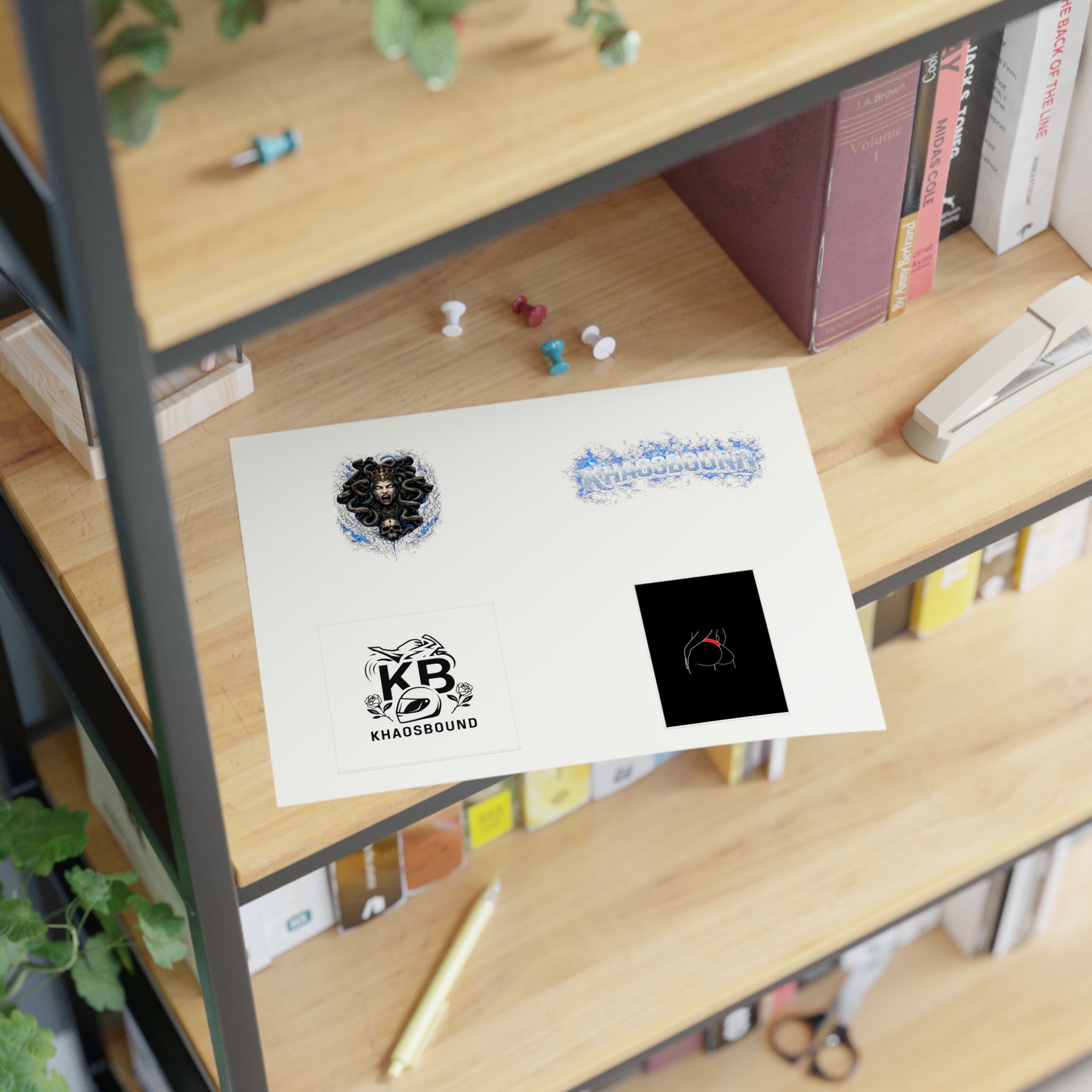 Khaosbound Sticker Sheet — Gothic Medusa, Logo & Minimal Art Stickers