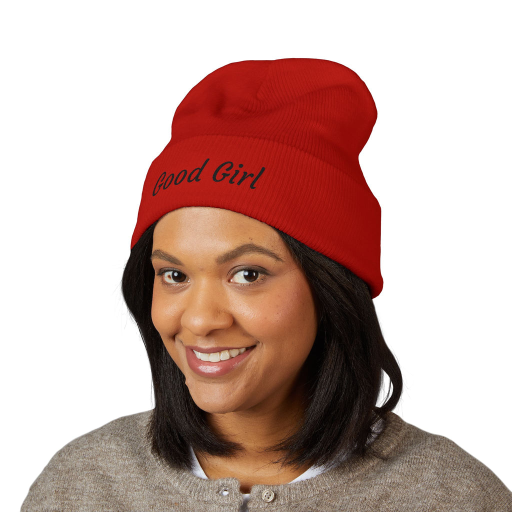 Red's Good Girl Embroidered Cuffed Beanie — Classic Knit Winter Hat
