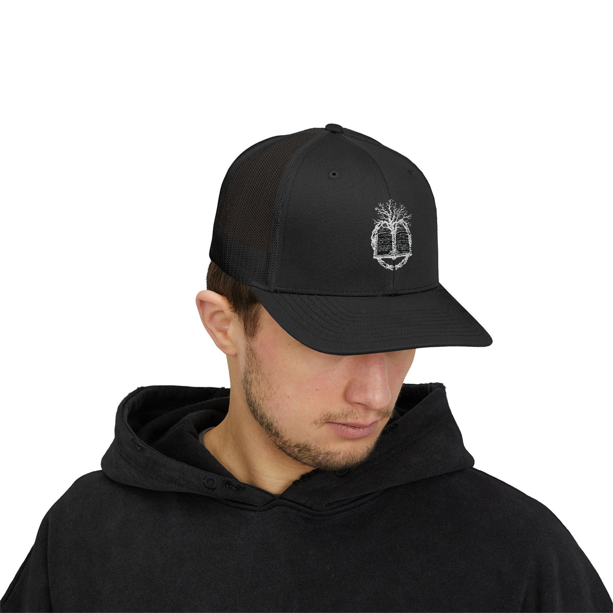 Tree of Life Snapback Trucker Cap — White Embroidered Nature Logo