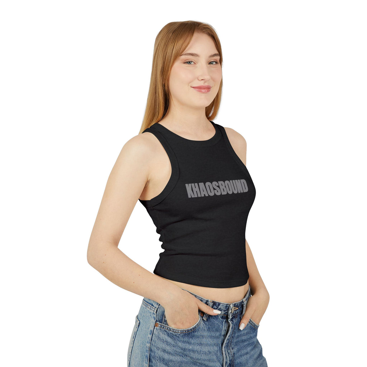 KHAOSBOUND Women's Racer Tank Top — Cropped Micro Rib Graphic Tank